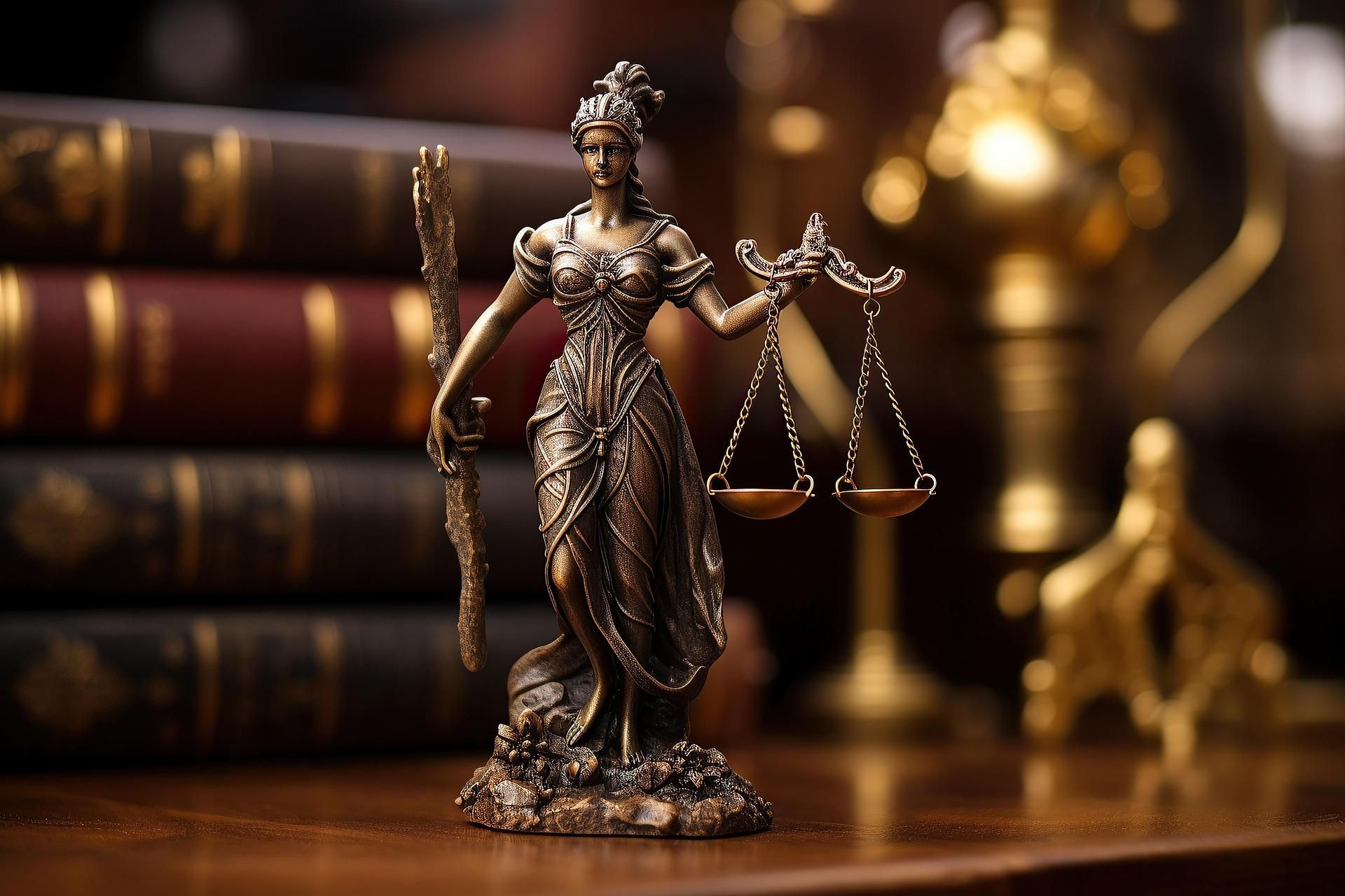 Justitia-Statue vor Gesetzbüchern – Musterprozesse und Verfahren